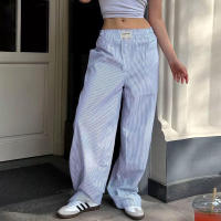 BUNO-Pantalones de encaje a rayas para mujer, Pantalones rectos de pierna ancha con cintura elástica y cordón, ropa de calle holgada para primavera y verano, pantalones de chándal informales - details 10