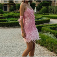 Vestido corto con lentejuelas y borlas para mujer, minivestido Sexy con tirantes finos y costuras, elegante, para fiesta y Club - details 8