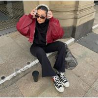 Chaqueta Bomber de Cuero para Mujer Arayas Casuales con Cremallera Chaquetas de Manga Larga Sueltas con Borla Moda 2024 - details 0