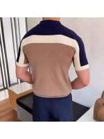 Ropa de hombre, suéter de punto con costuras, polo ajustado de manga corta con contraste de color para hombres - details 2