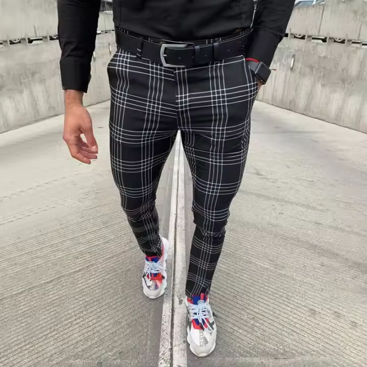 Pantalones casuales a rayas a cuadros grandes para hombres, leggings de moda - 1