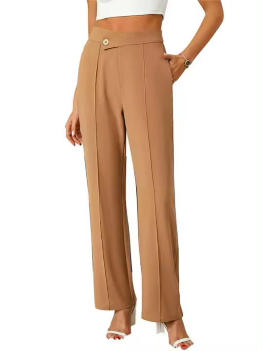 Acampanado para mujer, botones cruzados lisos, pierna recta, cintura alta, pantalones casuales de algodón elástico cómodo - 1