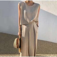 Conjunto de dos piezas de algodón para mujer, Tops informales sin mangas, pantalones de piernas anchas holgados, primavera y verano, 2024 - details 5