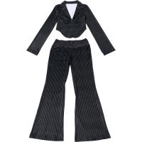 BUNO-Conjunto de 2 piezas de retazos a rayas para mujer, Tops de manga larga con escote y cuello bajo + Pantalón recto con cintura elástica, traje de tendencia urbana - details 10
