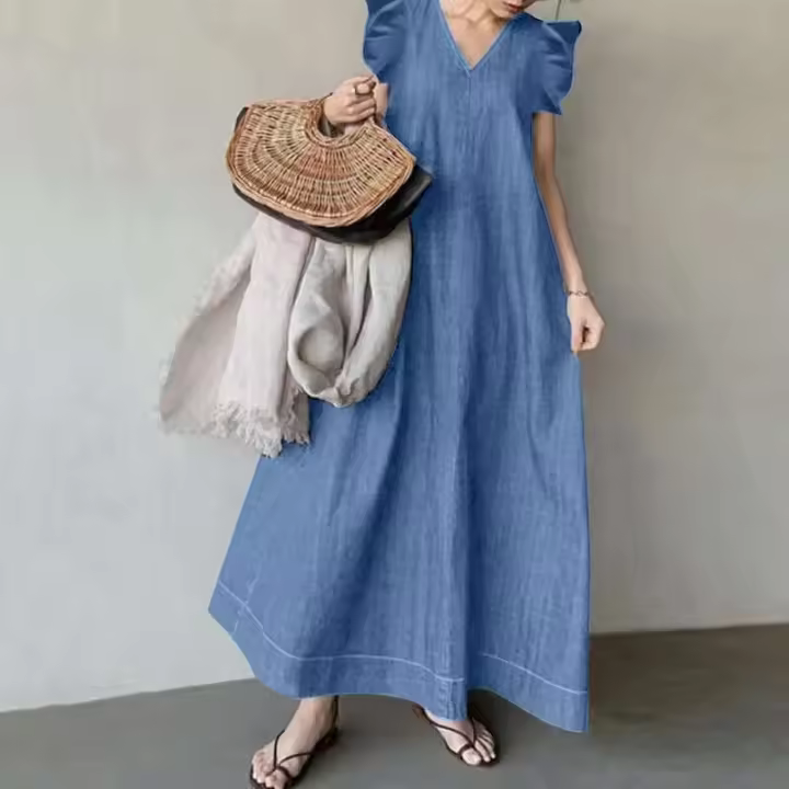 Vestido Casual de Denim a Rayas con Cuello en V Estilo Bohemio para Mujeres Vestidos de Vacaciones - 1