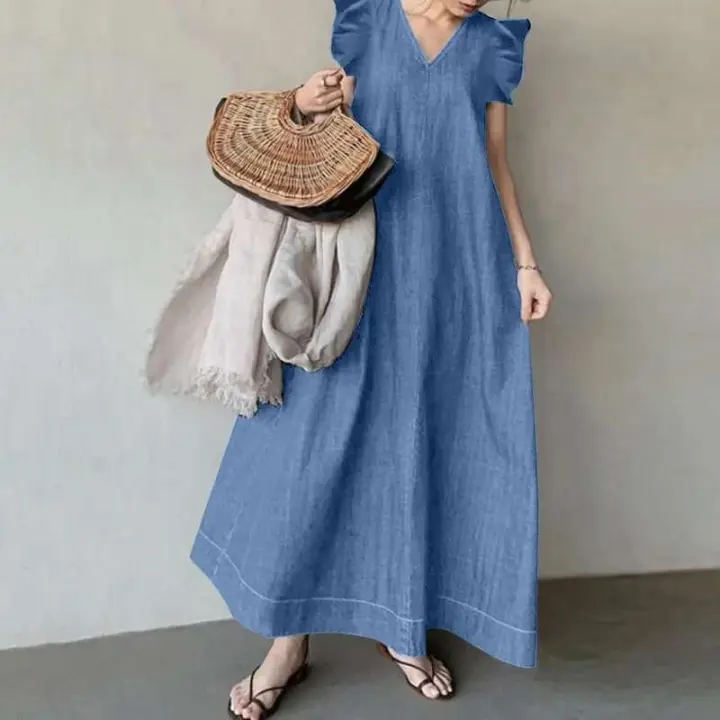 Vestido Casual de Denim a Rayas con Cuello en V Estilo Bohemio para Mujeres Vestidos de Vacaciones - 1