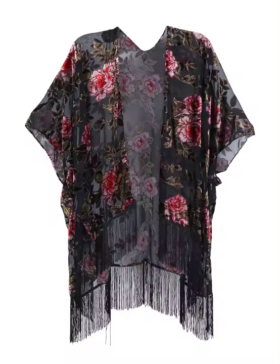 WeHello-kimono bohemio de felpa quemada para mujer, cárdigan largo informal con borlas moradas para playa, chal JYPF-20 - 1