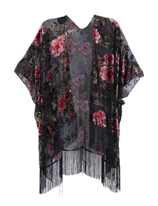 WeHello-kimono bohemio de felpa quemada para mujer, cárdigan largo informal con borlas moradas para playa, chal JYPF-20 - 1