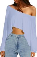 BUNO-Tops informales de punto liso con hombros descubiertos, camisetas de otoño de manga larga con cuello oblicuo conciso para mujer, camisetas deportivas irregulares - details 14