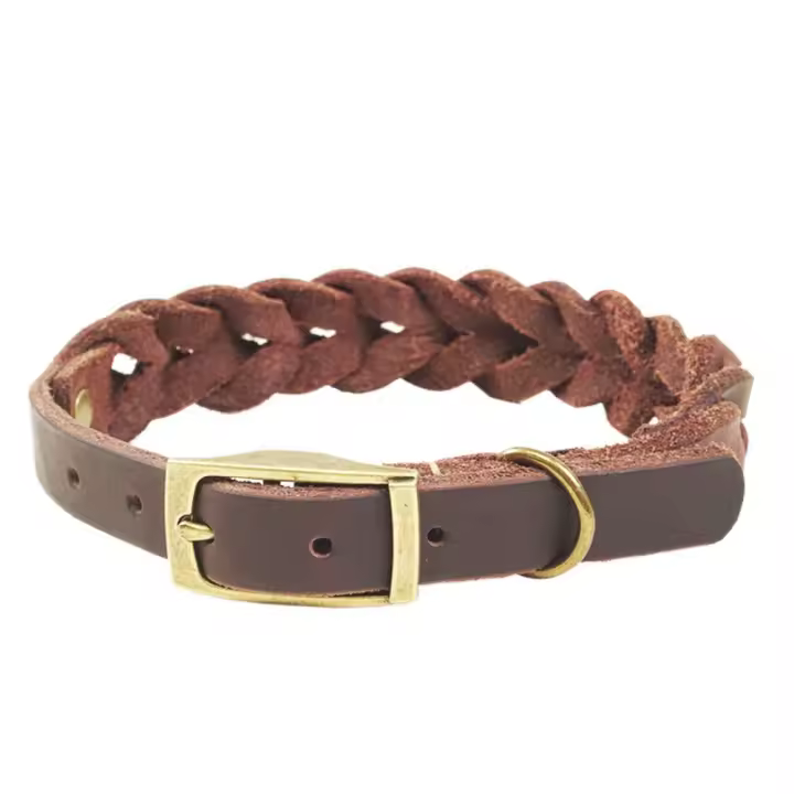 Cómoda Collar de perro trenzado Vintage, Collar de perro de cuero hecho a mano resistente, anillo en D de cuero genuino, correa para el cuello para cachorro, viaje - 1