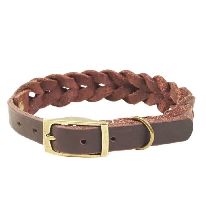 Cómoda Collar de perro trenzado Vintage, Collar de perro de cuero hecho a mano resistente, anillo en D de cuero genuino, correa para el cuello para cachorro, viaje - 1
