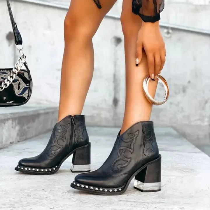 Botas Martin bordadas para mujer, botas de tacón alto transparentes de cristal Retro, nueva estación independiente, moda - 1