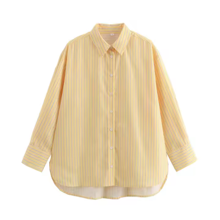 BUNO-2025 Primavera Verano amarillo manteca rayas mujeres camisas sueltas moda cuello vuelto solo pecho camisas finas para mujer - 1