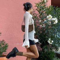 BUNO-Camisas acampanadas de manga larga con solapa y botones para mujer, blusas informales fruncidas transparentes, cubierta de playa, verano y otoño - details 4