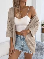 Cárdigan de punto con huecos de diamantes para mujer, Tops informales a prueba de sol, Color sólido, vacaciones de verano - details 19