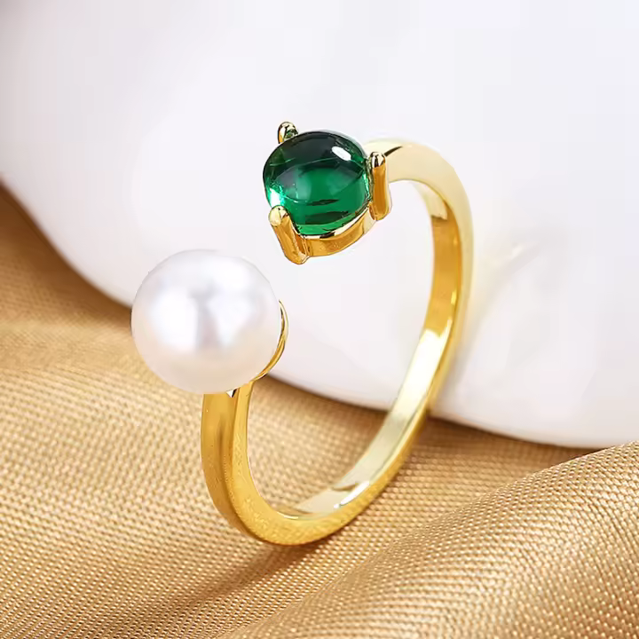 Anillo de perlas abiertas de jade de lujo con diseño de nicho de plata y oro de alta gama - 1