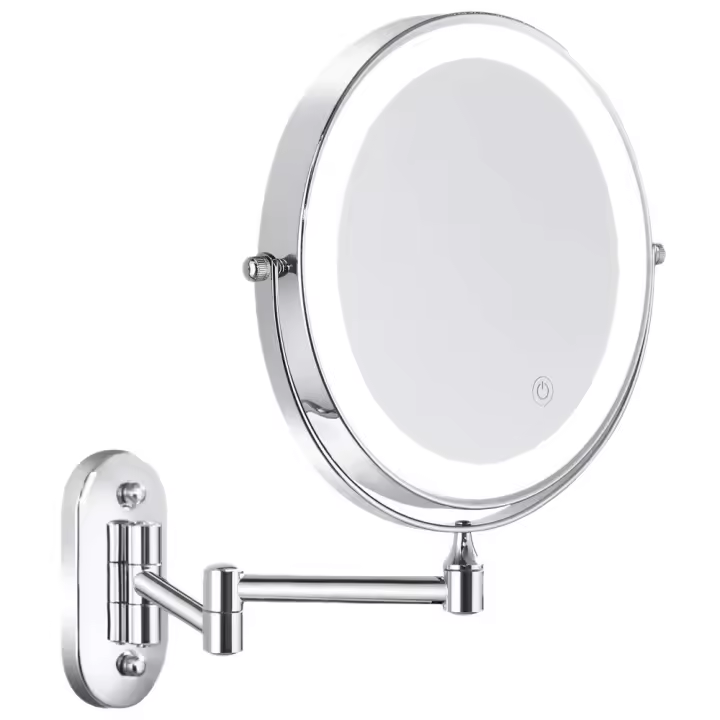 Espejo de maquillaje montado en la pared, tocador de baño con LED giratorio, plegable, iluminado, aumento 1X/5X - 1