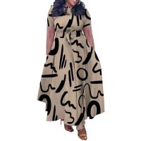 Nuevo vestido informal con estampado digital de talla grande, manga corta de color geométrico para mujer, cuello redondo, cinturón acampanado - details 5