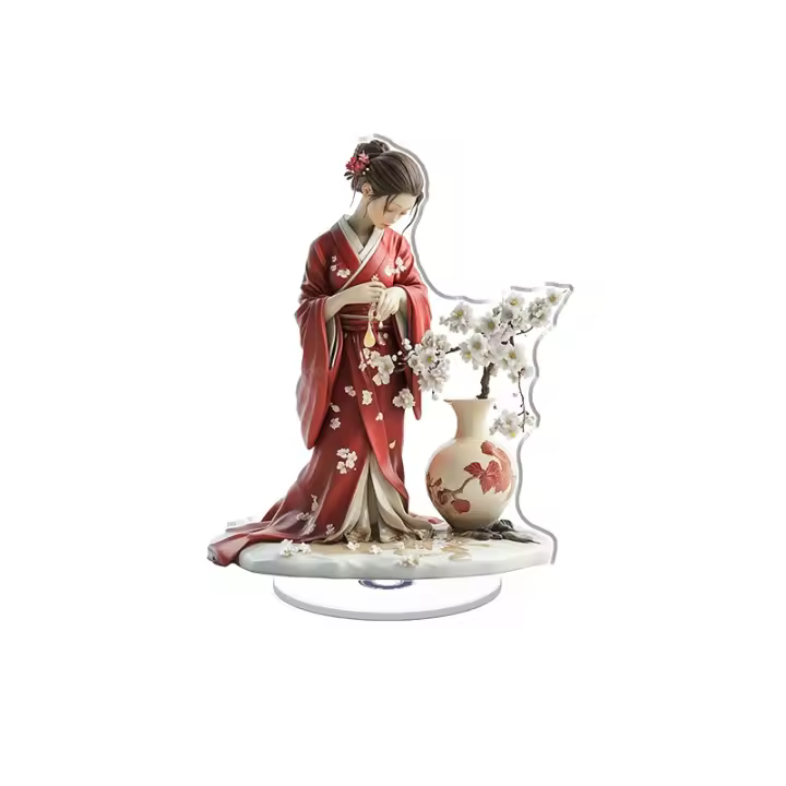 Escultura acrílica giratoria de una mujer triste con un kimono rojo llorando en una manga con detalles coloridos y colores brillantes sobre un fondo blanco - 1