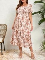 Vestido Retro Elegante para Mujer de Talla Grande Cuello Cuadrado, Pliegues en el Pecho, Alta Elasticidad, Estampado Floral - details 2