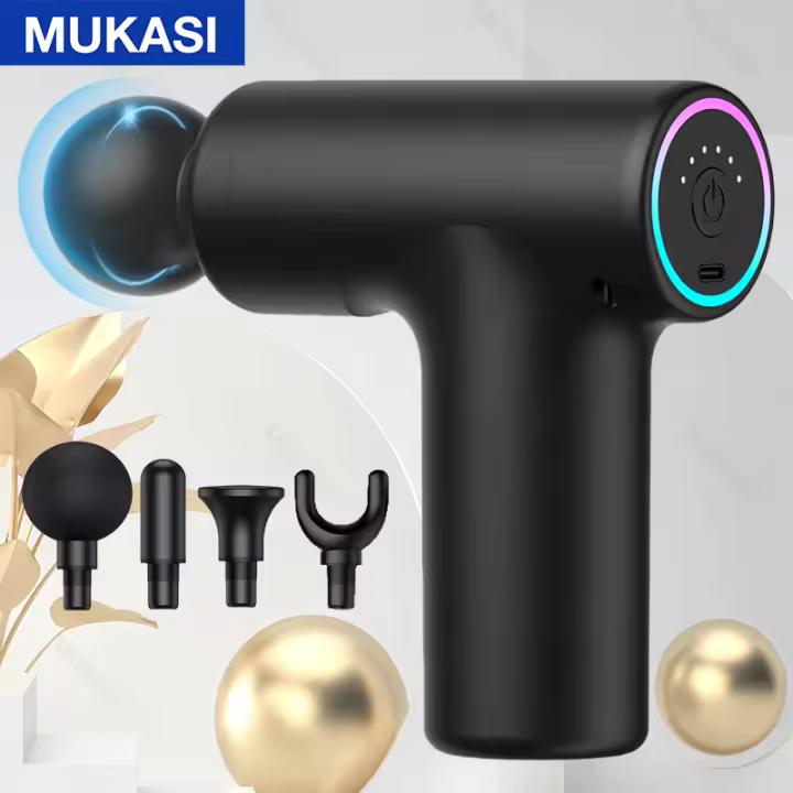 Pistola de masaje muscular MUKASI, masajeador de percusión ultrasilencioso de 5 velocidades, 4 cabezales de masaje, con luz fría para respirar, pistola de masaje para aliviar la fatiga y el dolor - 1