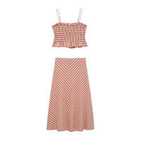 TRAFZA-traje a cuadros para mujer, elegante traje sin mangas con botones decorativos, chaleco con tirantes elegante + falda acampanada de cintura alta - details 3