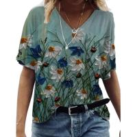 Camisetas con cuello en V para mujer, Tops con estampado artístico 3d, camisetas holgadas de manga corta, ropa de calle de verano, ropa informal de gran tamaño para mujer - details 7