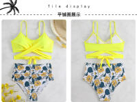 Traje de baño dividido de cintura alta para mujer, bikini multicolor con estampado de cuello halter cruzado - details 25