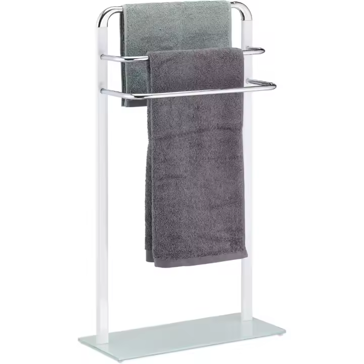 Toallero de Pie con 3 Barras, 80x45x20 cm, Metal Cromado-Cristal Esmerilado, Blanco-Plateado - 1