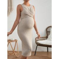 Vestido premamá sin mangas con textura sólida para mujer, elegante vestido midi dividido con cinturón - details 3