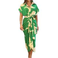 Vestido de Camisa Larga de Cintura Alta para Mujer Otoño 2025 Estilo Europeo Americano Impreso Transfronterizo Cuello de Solapa Manga Corta - details 0