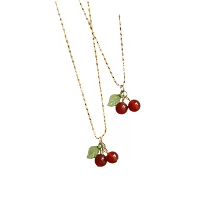 Lindo collar con colgante de diseño de cereza y aretes colgantes, joyería de moda para fiesta, decoración de ropa diaria, joyería exquisita y que combina con todo para regalo de cumpleaños - 1