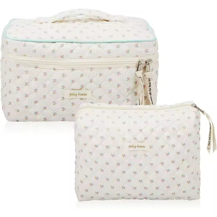 Bolsa de maquillaje acolchada de algodón, bolsa grande de viaje para maquillaje, estética, bonito oso Floral de cereza, 2 piezas - 1