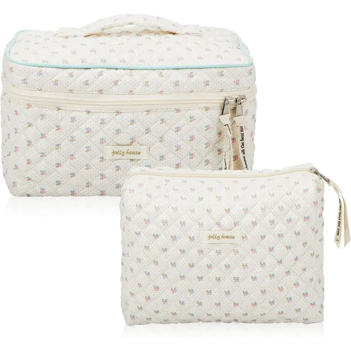 Bolsa de maquillaje acolchada de algodón, bolsa grande de viaje para maquillaje, estética, bonito oso Floral de cereza, 2 piezas - 1
