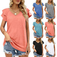 Camiseta de manga corta para mujer, Top de manga corta con cuello en v, informal, camisetas de verano con volantes - details 1