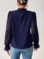 Jersey elegante de Cuello medio alto para mujer, de Color sólido Camisa de gasa, blusa de manga larga con volantes ondulados, Tops sueltos informales para mujer, novedad - details 25