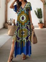 Para mujer, vestido largo con cuello en V a la moda, falda de manga corta diaria, vestidos con aberturas de estilo bohemio, ropa de verano para mujer - details 2