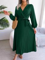 Vestido largo plisado con dobladillo grande para mujer, vestido cruzado de Color liso con cuello en V, moda de primavera y verano - details 14