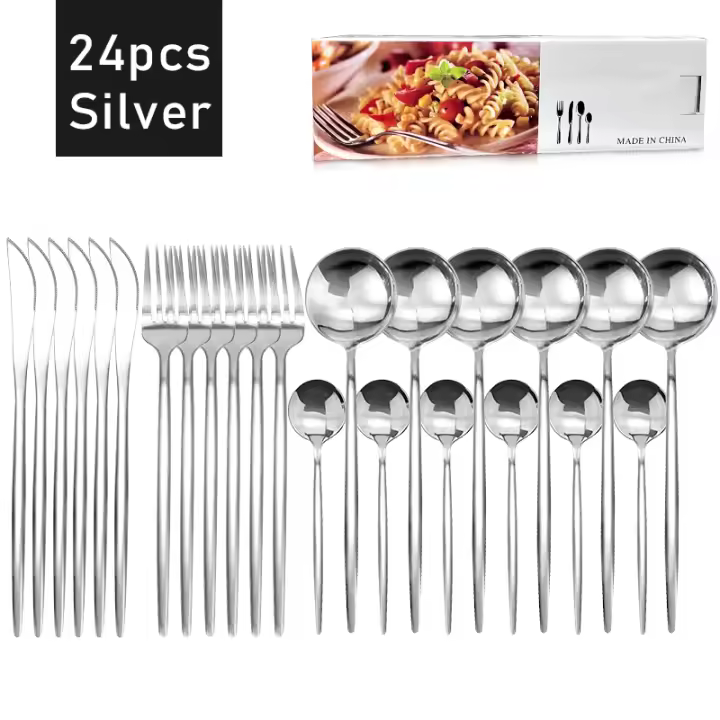 Juego de vajilla de cocina de acero inoxidable, juego de 24 piezas, cuchillo, cuchara, tenedor, Apto para lavavajillas - 1