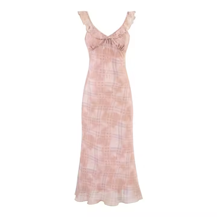 Vestido de gasa retro francés de verano con cuello en V, mangas voladas, borde de falda larga y versátil. - 1