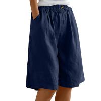 Pantalones Cortos de Lino y Algodón para Mujer Color Sólido, Cintura Suelta, Bolsillo, Botón, Moda Casual - details 3
