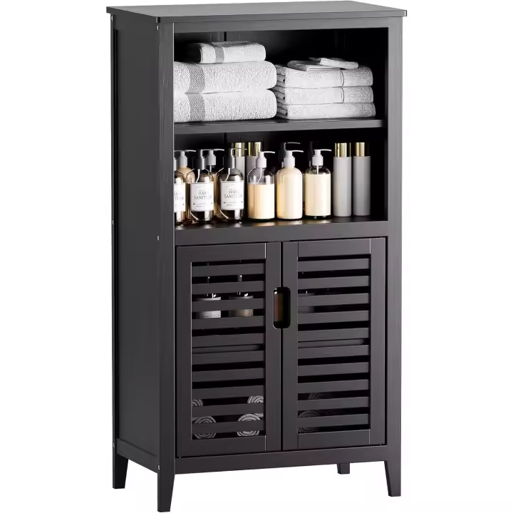 Mueble de Piso de Baño de Bambú Organizador de Almacenamiento con 2 Puertas y Estantes Extraíbles - 1
