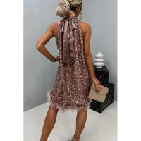 Vestido de noche para mujer, estilo halter, sin espalda, vestido corto de lentejuelas brillantes con plumas para fiesta, club, verano - details 5