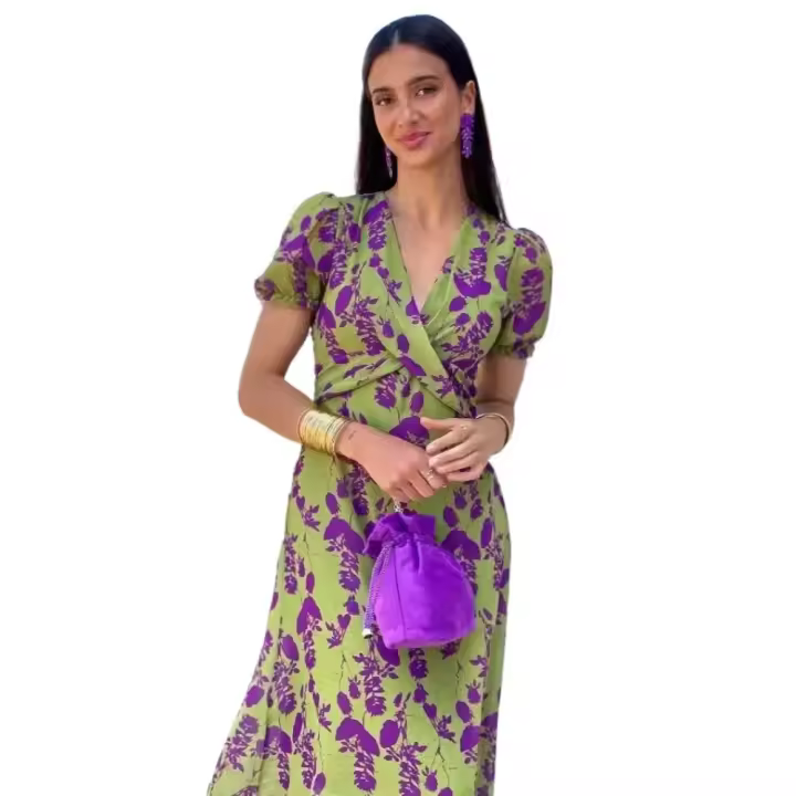 Vestido elegante ajustado con cuello en V, manga corta y estampado para mujer - 1