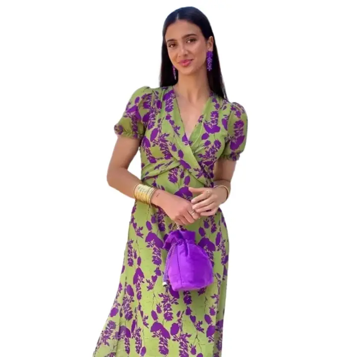 Vestido elegante ajustado con cuello en V, manga corta y estampado para mujer - 1