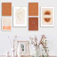 Arte de pared naranja quemado abstracto, pintura en lienzo, terracota, Arco Iris, minimalista, dibujo de una línea, carteles, impresiones bohemias, decoración del hogar - details 1