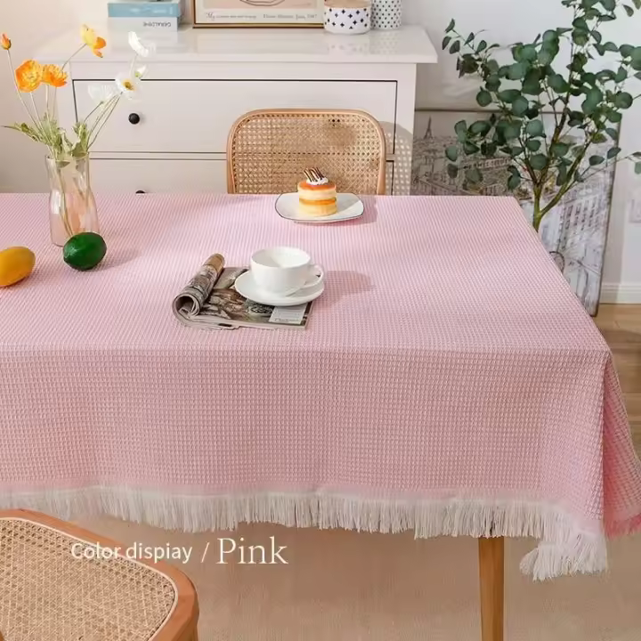Mantel de mesa de centro redondo rectangular de algodón y hogar para acampar con borde de borla - 1