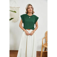 BUNO-2025 Tops para mujer, pantalón corto informal de moda de verano, camisetas básicas con textura a rayas de Color sólido y cuello redondo - details 11
