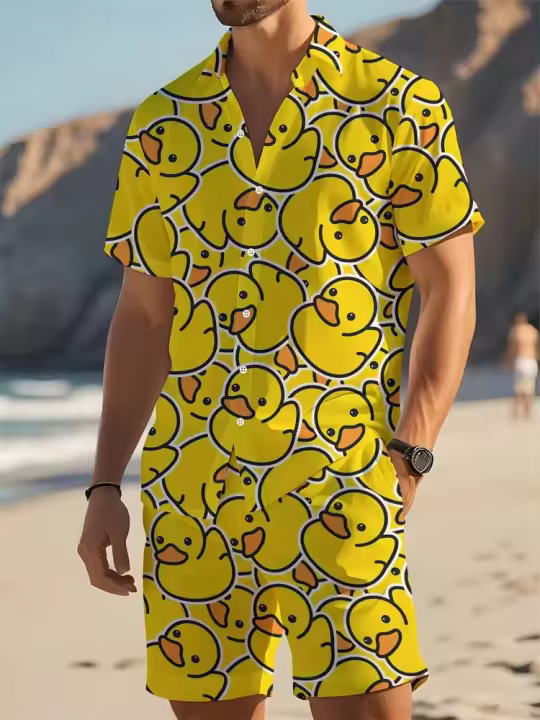 Conjunto Casual para Hombre Camisa con Estampado de Pato Amarillo 3D, Moda Diaria de Verano, Camisa de Manga Corta al Aire Libre, Pantalones Cortos de Playa - 1