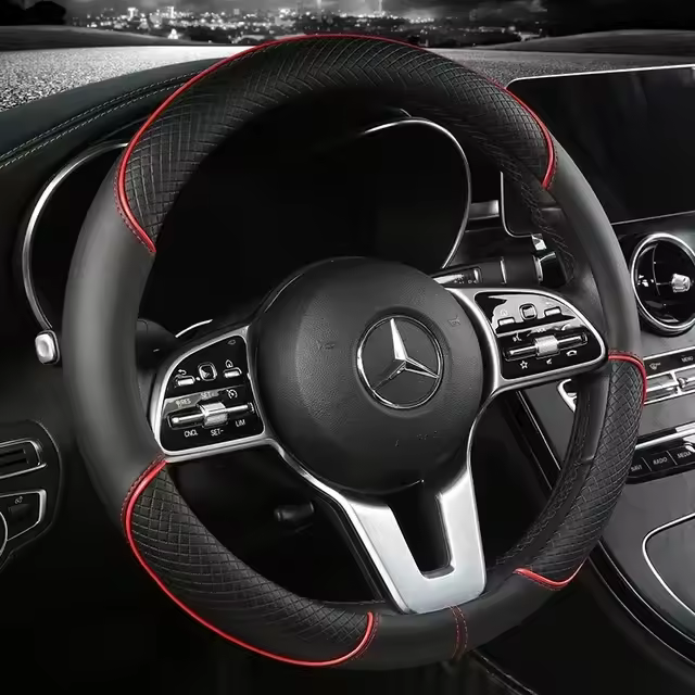 Funda de volante de coche con línea de costura de cuero completo, antideslizante tridimensional, sencilla y moderna. Adecuado para decoración de coches. - 1